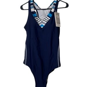 Elegant Navy One Piece Swimsuit with Stripes